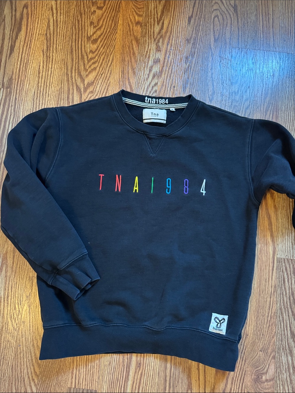 Aritzia TNA Black Crewneck Sweatshirt with Rainbow 'TNA 1984' Embroidery